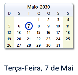 7 Maio 2030 calendario