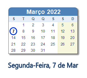 7 Março 2022 calendario