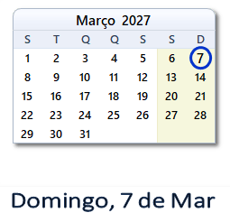 7 Março 2027 calendario