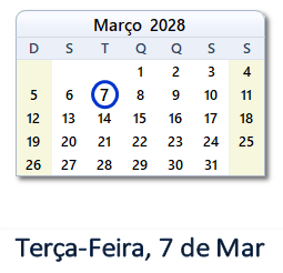 7 Março 2028 calendario