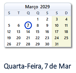 7 Março 2029 calendario