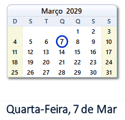 7 Março 2029 calendario