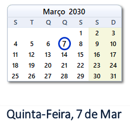 7 Março 2030 calendario