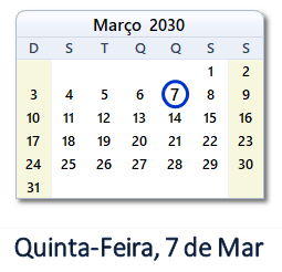 7 Março 2030 calendario