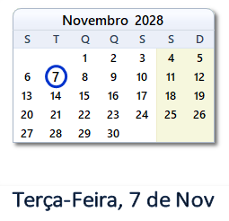 7 Novembro 2028 calendario
