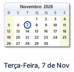 7 Novembro 2028 calendario