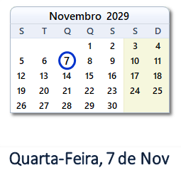 7 Novembro 2029 calendario