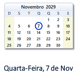 7 Novembro 2029 calendario