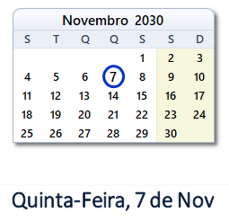 7 Novembro 2030 calendario