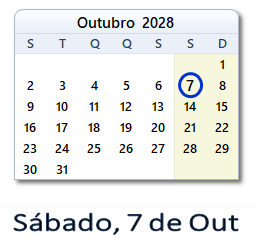 7 Outubro 2028 calendario