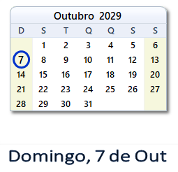 7 Outubro 2029 calendario