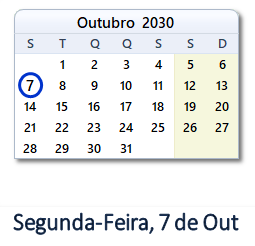 7 Outubro 2030 calendario