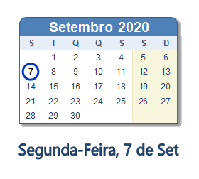 7 Setembro 2020 calendario