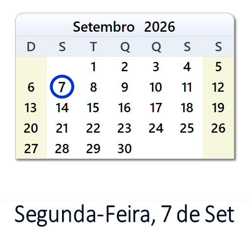 7 de Set, 2026 Calendário com Feriados e Cont. Regressiva - BRA