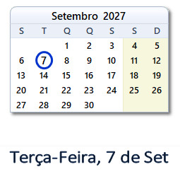 7 Setembro 2027 calendario