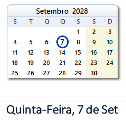 7 Setembro 2028 calendario