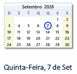 7 Setembro 2028 calendario
