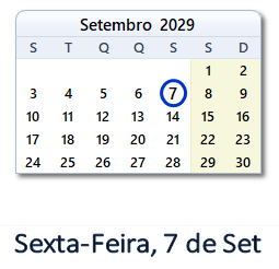 7 Setembro 2029 calendario