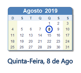 8 Agosto 2019 calendario