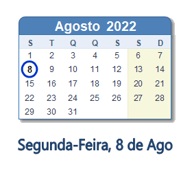 8 Agosto 2022 calendario