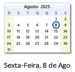 8 Agosto 2025 calendario