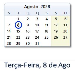 8 Agosto 2028 calendario
