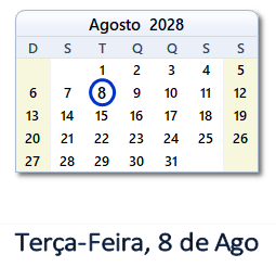 8 Agosto 2028 calendario