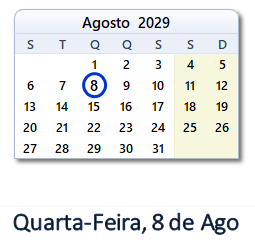 8 Agosto 2029 calendario