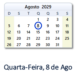 8 Agosto 2029 calendario