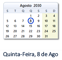 8 Agosto 2030 calendario