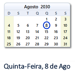 8 Agosto 2030 calendario