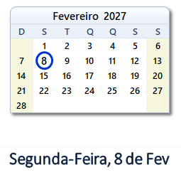 8 Fevereiro 2027 calendario