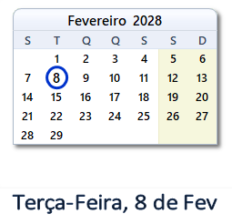 8 Fevereiro 2028 calendario