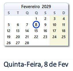 8 Fevereiro 2029 calendario