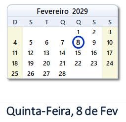 8 Fevereiro 2029 calendario