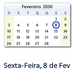8 Fevereiro 2030 calendario