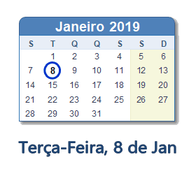 8 Janeiro 2019 calendario