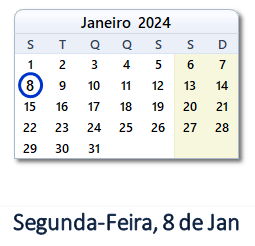 8 Janeiro 2024 calendario