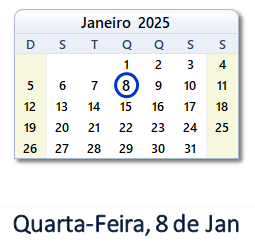 8 Janeiro 2025 calendario
