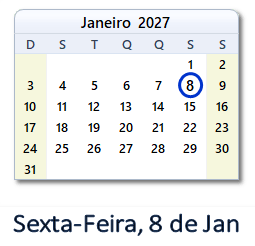 8 Janeiro 2027 calendario