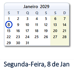 8 Janeiro 2029 calendario