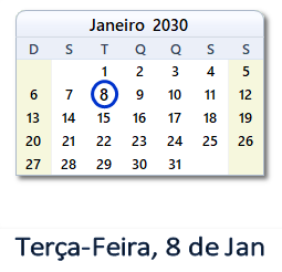 8 Janeiro 2030 calendario
