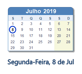 8 Julho 2019 calendario