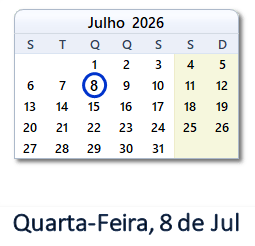 8 Julho 2026 calendario
