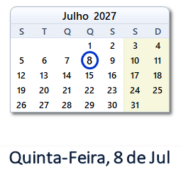 8 Julho 2027 calendario