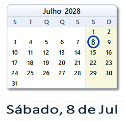 8 Julho 2028 calendario