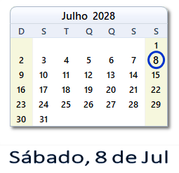 8 Julho 2028 calendario