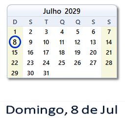8 Julho 2029 calendario