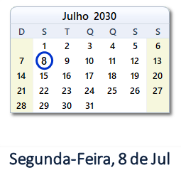 8 Julho 2030 calendario