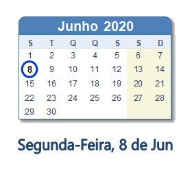 8 Junho 2020 calendario